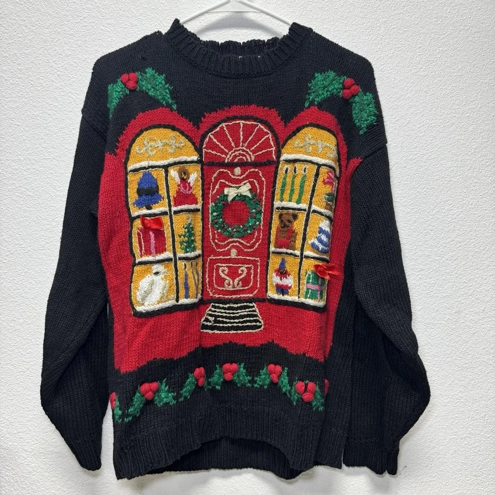 Hasting Smith Ugly Christmas Sweater Holiday Window House Medium‎ Black